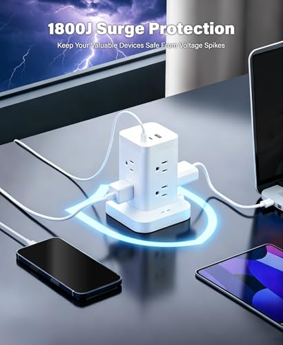 Power Strip Tower with Surge Protector 1800J, Fast Charging Tower PD20W USB-C Ports with 8 AC Outlets, Extension Cord for Home Office Dorm Room, White, 8FT - color: White, size: 8FT