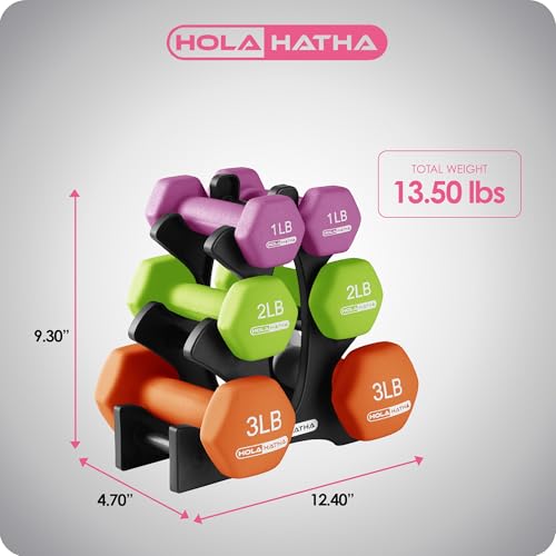 HolaHatha 1, 2 and 3 lb Neoprene Dumbbell Strength Training Weight Set with Rack - color: Multicolor, size: 12 LB