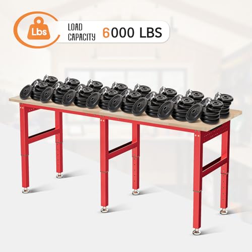 SPECRAFT 96" Red Adjustable Heavy Duty Workbench with 4 AC Outlet and 2 USB Ports Power Outlets, 6000 Lbs Capacity, Rubber Wood Top for Garage, Workshop, Office - color: Red, size: Standard/96"x24"
