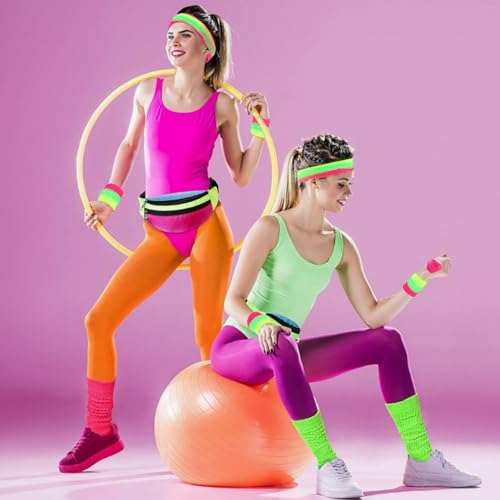 KICOSY Neon Headband & Wristbands Set, Vibrant Pink-Green-Yellow Accessory for Glow Party, 80s/90s Retro Style, Festival Outfits, Gym Workouts & Daily Fashion - color: Neon