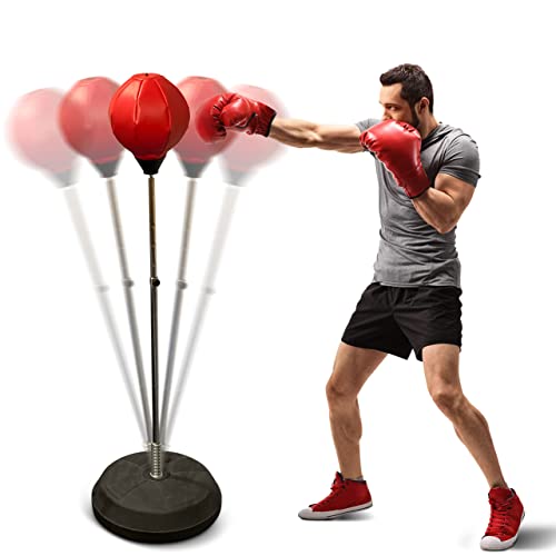 Freestanding Punching Bag with Boxing Gloves Set + Pump | Adjustable Height Boxing Bag Reflex Standing Speed Bag | MMA Fitness Training for Adults/Kids | Stress Relief Exercise Strength Train