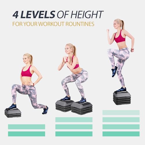 F2C Aerobic Step Exercise Platform Stepper with 4 Risers 16" x 16", Adjustable Height 4"-6''-8''-10''-12" Home Gym Workout Equipment, Fitness Exercise Equipment, Workout Stair Stepper - color: Black