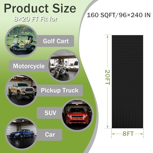 8x20 FT Garage Floor Mat, 2.8mm Thickened Flooring Roll for Under Car Diamond Plate PVC Rubber Mat with 20 Pcs Tapes, Non-Slip Floor Mat for Garage, Warehouse, Gyms, Trailer,Black - color: Black, size: 8x20 FT