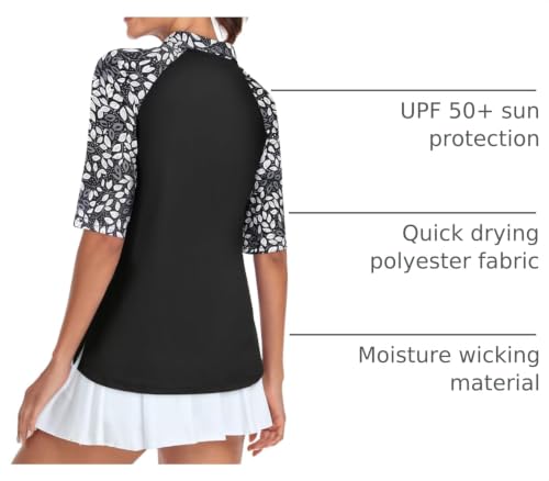 Cucuchy Womens Golf Shirt Half Sleeve Quarter Zip Polo Tennis Shirts Workout Tops - color: B-leaf Black White, size: Large