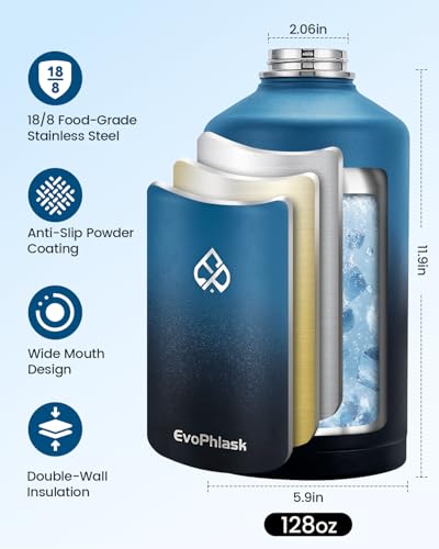 1 Gallon Water Bottle Insulated, Vacuum Stainless Steel Water Bottle Keep Cold 48Hrs, 128 oz Large Gallon Water Jug for Travel, Sport, Gym, Hiking with Carrier Bag, Indigo/Black - color: Indigo/Black, size: 128 Ounces