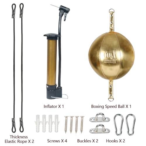 InnoLife Double End Punching Ball Striking Punching Bag Kit, Speed Striking Reflex Kit with Bungee Cords Perfect for Reaction, Agility, and Hand Eye Coordination Training - color: Gold
