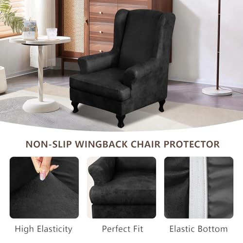 ANARACHON Leather Look Wingback Chair Covers, 2-Piece Wing Chair slipcover,Stretch Wing Back Armchair Slipcovers with Elastic Bottom, Soft Spandex Furniture Protector for Living Room (Black) - color: Black