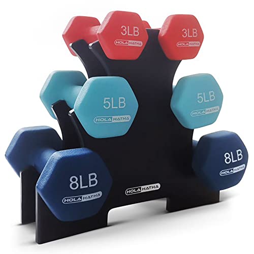 HolaHatha 1, 2 and 3 lb Neoprene Dumbbell Strength Training Weight Set with Rack - color: Blue/Red, size: 32 LB