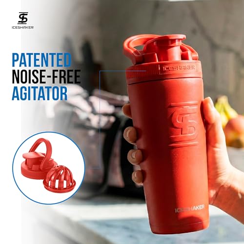 Ice Shaker Insulated Stainless Steel Shaker Bottle | 26oz, Red Color Rush | Cold for 30+ Hours | Insulated Cup with Twist-on Agitator | Odor-Free Bottle for Protein Shakes, Water, Smoothies, Cocktails - color: Red Color Rush