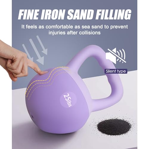 soges PVC One-Piece Kettlebell with Wide Handles, Strength Training Kettlebells 5lb to 35lb Optional for Women of Different Levels, Iron Sand Filled Soft Kettlebell - color: 25lbs - Purple