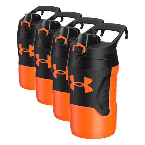 Under Armour 32 oz Insulated Water Bottles - Sports Jug with Handle, Fence Hook, Leak Resistant for Baseball, Football & More, 32 oz Water-Bottles, Sports Water Bottle Insulated (Pack of 4) - color: Blaze Orange/Black, size: 32 Ounces (Pack of 4)