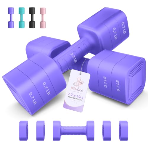 Adjustable Dumbbell Set of 2, 2.2-20LB Adjustable Weight Set, 3 in 1 Free Weights Dumbbells Set for women men at home, 2.2lb, 3.6lb, 5lb,10lb, 20lb, for Home, Office, Gym Exercise Training, Anti-slip Handle - color: Purple, size: 10LB(5LB Pair)