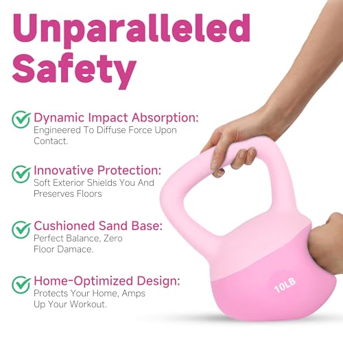 Leikefitness Soft Kettlebells,Weights for Women and Men,Home workout. | Color Coded Anti Slip Grip Kettlebell,Cushioned Impact-Resistant Base,Wide Handle Design - color: PINK, size: 10 pounds