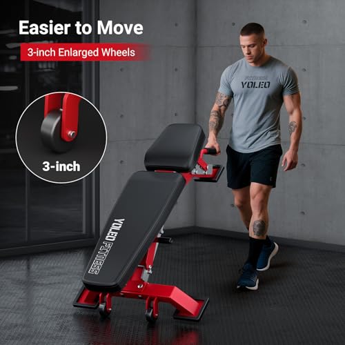 YOLEO Adjustable Weight Bench with Bench Press Stand, Foldable Workout Bench with Extended Head/Elbow Pad(for Users up to 7') - color: Red2
