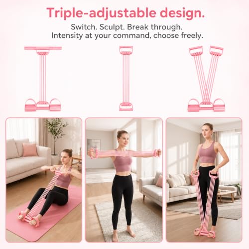 Pedal Resistance Band with Handle, Sit Up Exercise Equipment | Upgraded 8-tube multifunction pedal resistance band for home gym. Non-slip foam handles and foot pedals for full body workout - color: Pink