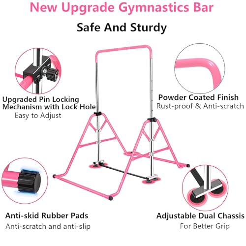 Gymnastics Horizontal Bar, Junior Training Kip Bar Gymnastics Equipment for Home, Adjustable Telescopic Height Folding Horizontal Bar with Gymnastic Rings for 3-12 Years Old Kids - color: Pink