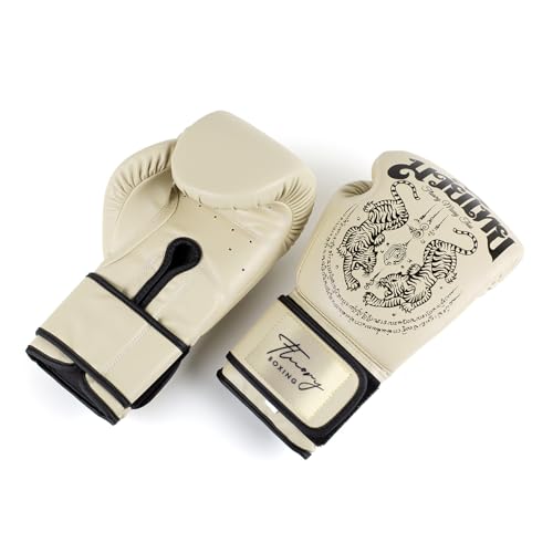 Boxing Gloves, Symmetrical Design with Two Tigers, Training Gloves - color: Beige, size: 16-oz