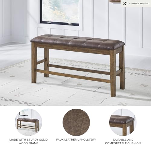 Signature Design by Ashley Vallister Backless Counter Height Dining Bench | 50-inch upholstered dining bench for kitchen islands, Light brown wood frame, Wipeable faux leather cushion - color: Light Brown, style: Counter Height Bench