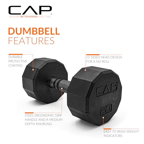 CAP Rubber Coated Dumbbell Weights, Free Weights for Home Gym Strength Training, Anti-Roll Hex Dumbbells with Black, Chrome & Comfort Grip Handles, Singles - size: 20 lb, style: 12-Sided - Black Handle