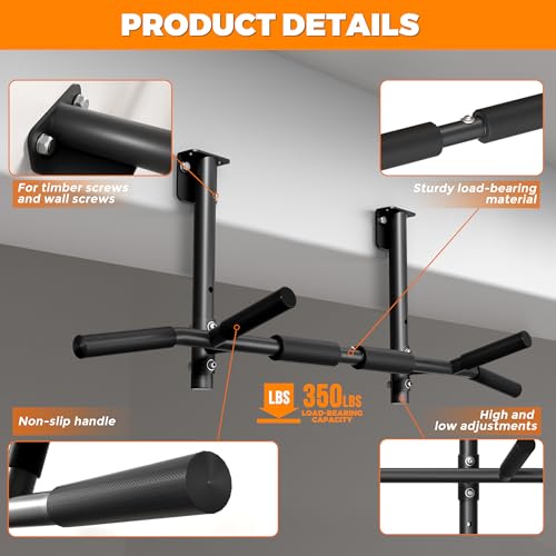 Joist Mounted Pull Up Bar,42" Wide Bar Ceiling Mount Chain Up Bar Adjustable Height,for Home Gym,Cross Training Strength Building,up to 350LBS