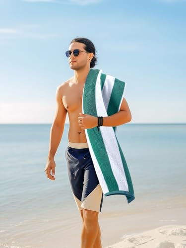 Utopia Towels Pack of 4 Cabana Beach Towels, Oversized 30 x 60 Inches Cotton Beach Towel Set, Smooth Ring Spun Texture for Pool and Swim Days, Modern Striped Design Bath Towels Green - color: Green, size: 30 x 60 - 4 Pack