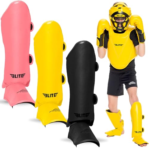 Elite Sports Muay Thai MMA Kickboxing Boys and Girls Shin Guards for Age 4 to 14 Years, Instep Guard Sparring Protective Leg Shin Kick Pads for Kids - color: Yellow, size: Medium