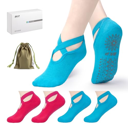 BKP Yoga Socks for Women,Pilates Socks Non Slip Grip Socks Suitable for Ballet,Plasticity,Dance,Home,Training - color: 4pairs-(2greenish Blue&2rose Red)