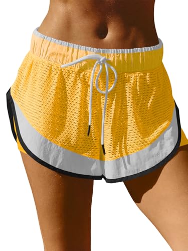 Fisoew Women Athletic Shorts 2 in 1 Running High Split Color Block Workout Yoga Mesh Shorts Pocket Drawstring - color: Yellow, size: X-Large