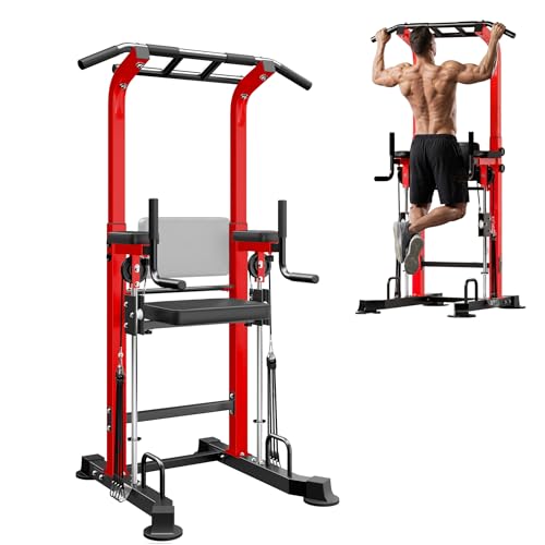 SogesPower Power Tower Dip Station Pull Up Bar for Home Gym Multi-Function Adjustable Height Strength Training Workout Equipment - color: Red