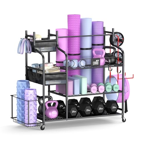 Mythinglogic Home Gym Storage Rack with Wheels for Dumbbells and Yoga Mats | Versatile storage with shelves, hooks and side holders for kettlebells, foam rollers, bands, weight plates and gym gear - color: Black