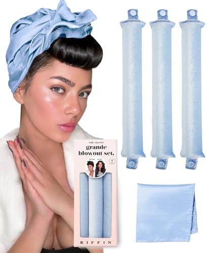 Grande Heatless Curls Overnight Rods - Upgraded Directional Grip Velvet - No Heat Hair Curlers to Sleep, Jumbo Large Hair Rollers Flexible Curling Rods Set for Long Thicker Coarser Hair Blowout Look - color: Pale Blue
