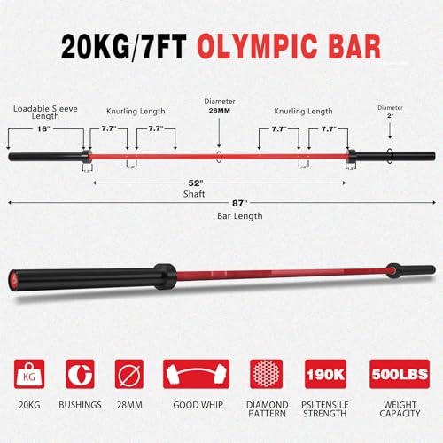 7ft Olympic Barbell for Strength Training, Olympic Weightlifting | 500 700 1000LBS Capacity, 2 Inch 45lb Weight Bar for Squat, Home Gym Fitness Equipment, Bench Press, Deadlift, Powerlifting - color: Red-500LBS