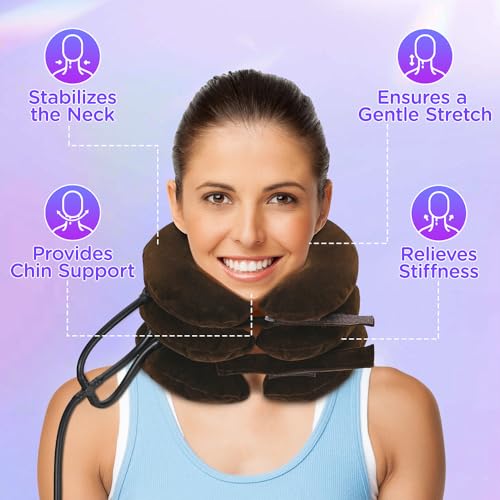 Cervical Neck & Vertebra Traction Device for Neck Pain Relief, Adjustable Inflatable Neck Stretcher Pillow for Neck Tension Relief Decompression Neck Brace Pump with carrying bag purple color - color: Purple