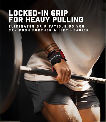 Gymreapers Weight Lifting Straps With Dowel - Wrist Straps for Weightlifting - Workout Deadlift Wrist Weights - Reinforced Stitching & Padded Fit Gym Accessories for Strength & Gym Hand Grip - color: Red