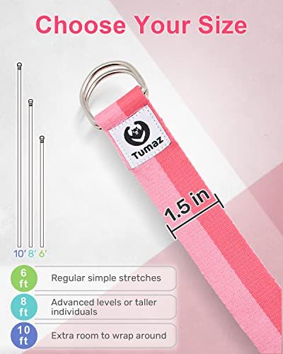 Tumaz Yoga Strap for Stretching with Adjustable D-Ring, 6/8/10 ft | Adjustable D-Ring | Soft Cotton Blend | 15+ Colors | Non-Elastic Yoga Belt for Pilates Stretching & Physical Therapy - color: 02. Pink Match, size: 10 Feet (with Storage Band)