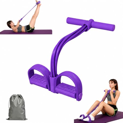 Pedal Resistance Band with Handle, Up to 50lbs 6-Tube Multifunction Pedal Resistance Band for Home Workout, Natural Rubber Foot Pedal Resistance Band with Storage Bag - color: Purple