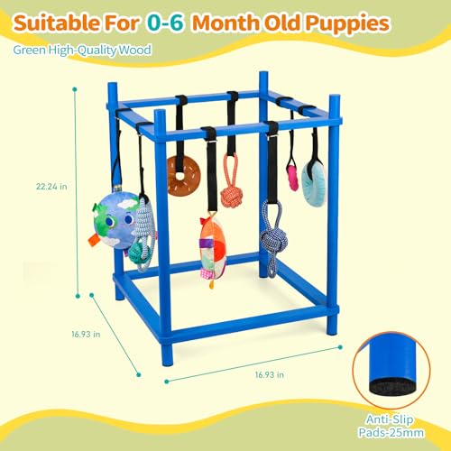 Wooden Puppy Play Gym for Small Dogs, Puppy Jungle Gym with 8 Hanging Toys, Wood Frame Indoor Puppy Gym with Dog Enrichment Toys for Puppies and Small Pets (Blue) - color: Blue