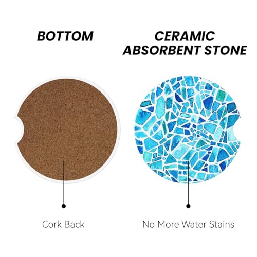 Blue Mosaic Car Coasters for Cup Holders, 2 Pack Absorbent Ceramic Drink Cup Coaster for Women Men, Auto Interior Accessories - color: T26