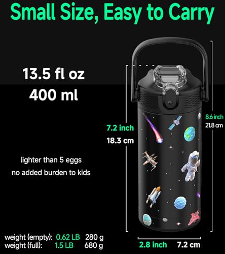 MYFOREST 14oz/400ml Insulated Kids Water Bottle, Odor-free Liner, 3D Touch | No Plastic Taste, Surgical Steel - No Chemical Leaching, Name Spot, Soft Sipper, Gift for Astrophile, Black. Space - color: Black. Space