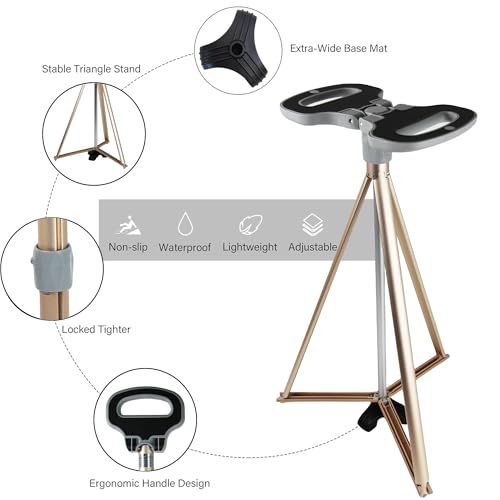 Cane with Seat 2-in-1 Portable Walking Stick with Seat for Men & Women Folding Lightweight Sturdy Tripod Cane Foldable Stool Mobility Aid Crutch Chair with Travel Bag for Elderly, Seniors & Handicap - color: white golden