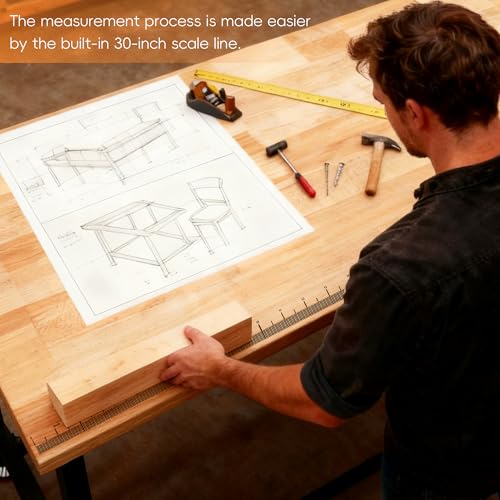 Betterhood Adjustable L-Shaped Workbench, Rubber Wood Top Heavy Duty Workstation with Power Outlets, 2000 LBS Load Capacity Hardwood Worktable for Workshop, Garage, Office, Home, Commercial - size: L Shape/Rubber Pad/Power Outlets/Ruler/57.1"x47.2"