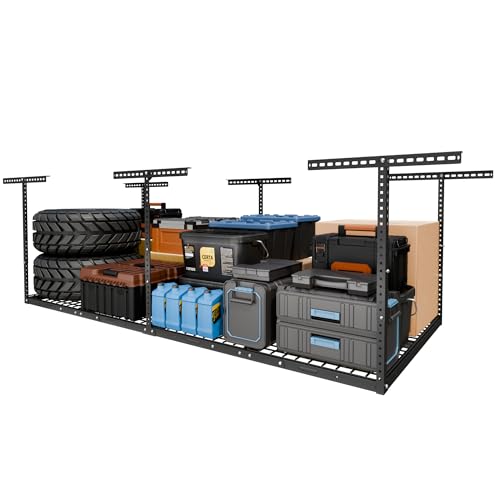 FLEXIMOUNTS 4x8 Overhead Garage Storage Rack, Adjustable Organization System, Heavy-Duty Metal Ceiling Racks, 750lbs Weight Capacity, Hammertone, Classic Series - color: Hammertone, size: 4x8 ft