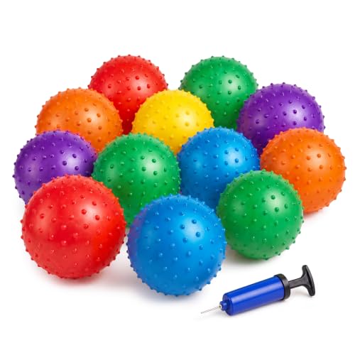 Bedwina Mini Knobby Balls - Bulk 5 Inch Sensory Balls and Spiky Massage Stress Balls with Pump, Fun Bouncy Ball Party Favors - style: 12-Pcs