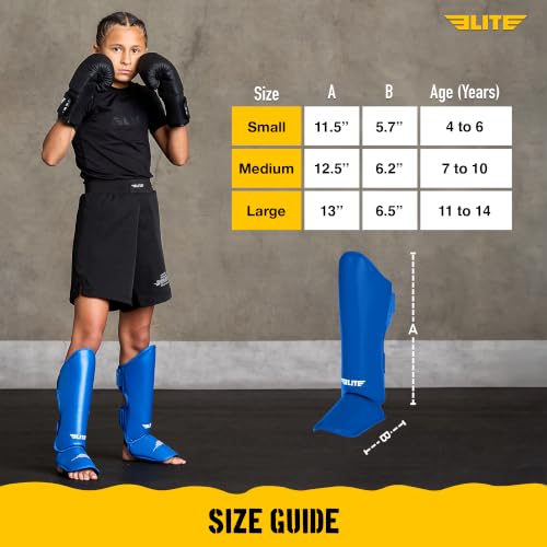 Elite Sports Muay Thai MMA Kickboxing Boys and Girls Shin Guards for Age 4 to 14 Years, Instep Guard Sparring Protective Leg Shin Kick Pads for Kids - color: Blue, size: Medium
