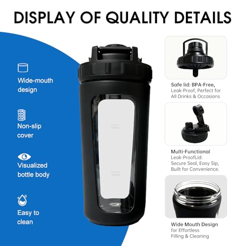 26oz Glass Protein Shaker Bottle with Non-Slip Sleeve, Borosilicate Glass Shaker Cup for Protein Shakes, Smoothies, Iced Coffee, Leak-Proof & BPA-Free Mixer Bottle for Gym, Workout, Sports