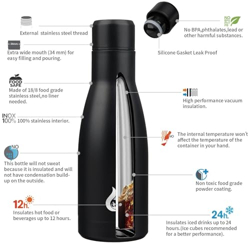 BJPKPK Insulated Water Bottle 12oz Small Stainless Steel Water Bottles Reusable Metal Thermal Keep Cold and Hot,Midnight Black - color: Midnight Black, size: 12 Ounces