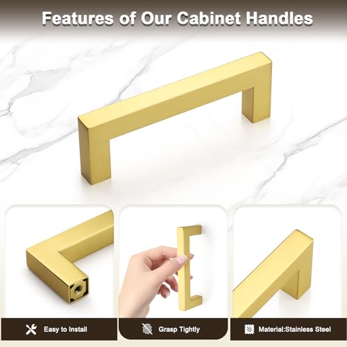 Probrico 5 Pack Square Gold Kitchen Cabinet Pulls 3-3/4 Inch Stainless Steel Brushed Brass Cabinet Handles Square Corner Bar Polished Gold Dresser Drawer Pull Handles Total Length 4-1/4 Inch - color: Gold, size: Hole Center: 96mm(3.75inch)
