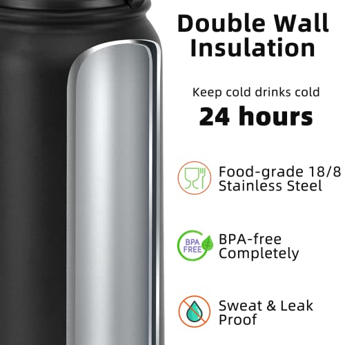Fanhaw 40 oz Insulated Stainless Steel Water Bottle with Chug Lid, Leakproof & Sweat-Free Extra-Large Metal Bottle for Outdoor, Hiking & Gym (Black) - color: Black, style: 40 Ounces