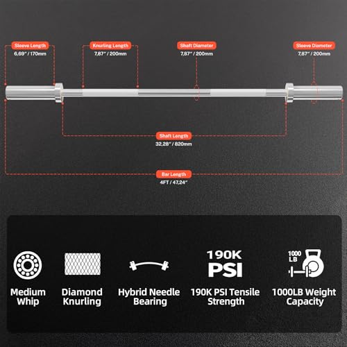 Olympic Barbell Bar Series, 2 Inch Weightlifting Bars, 4FT 6FT 7FT Straight & EZ Curl Options, 190K PSI Steel, Diamond Knurling, Smooth Rotation for Home & Gym Strength Training - color: 4FT Straight