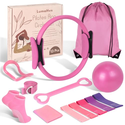 Pilates Kit for Women 13PCS, Pilates Ring Ball Resistance Bands Workout Set | Pilates equipment set for women and beginners, at home pilates kit for mat workouts, toning, stretching and strength training - color: Pink